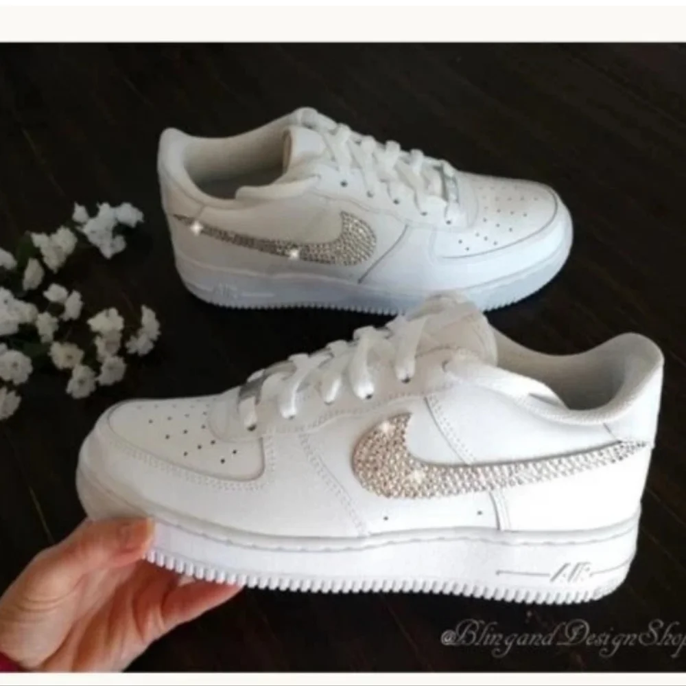 Bling Womens Nike Air Force 1 White Sneakers Shoes made with Swarovski C… - Picture 1 of 8
